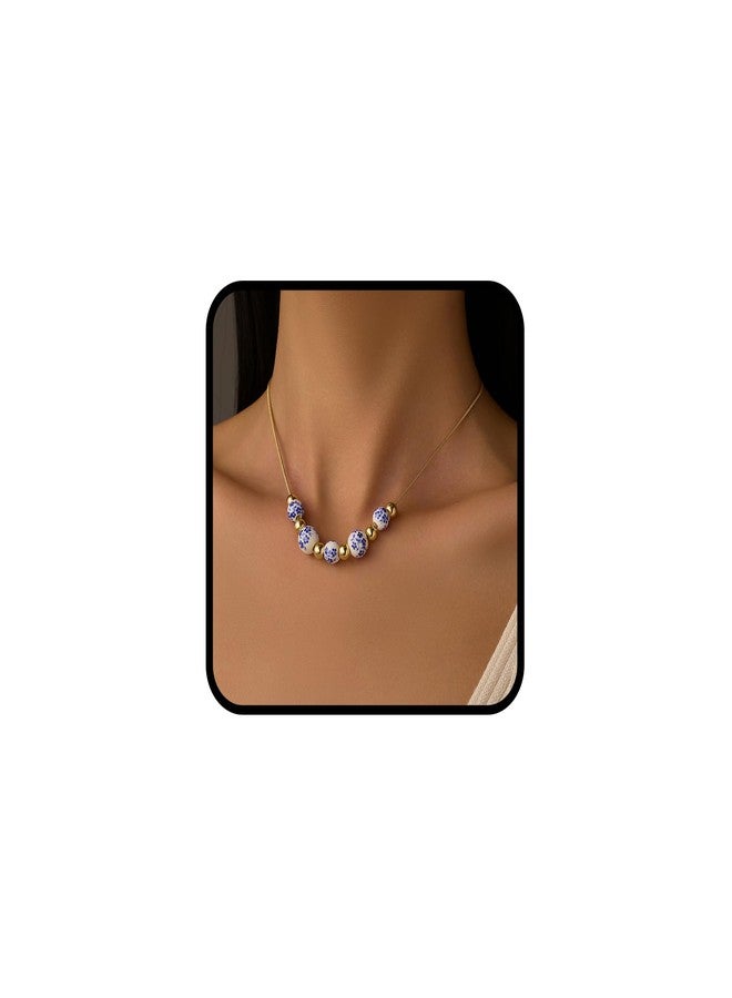 sunglnl Blue And White Necklace For Women, 14k Gold-Plated Chain And Ceramic Beads Blue Floral Pattern Vintage Chinese Minimalism Style Jewelry Gift (blue) - Image 1